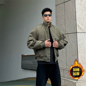 抖音得物 美式潮休闲夹克春季立领纯色复古工装加厚棉服外套MF01图片