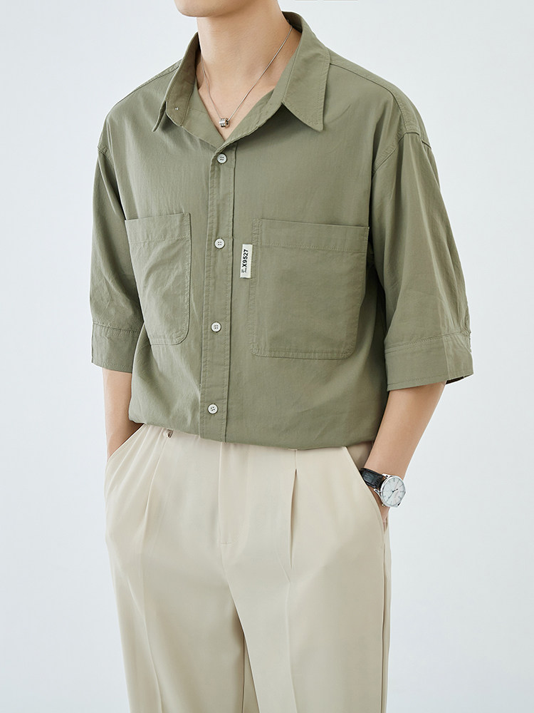 轻熟风全棉包扣休闲纯色短袖衬衫男透气衬衣A236-0839-P58,男装衬衫,电商A236