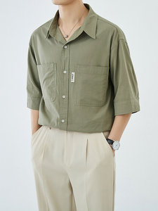 轻熟风全棉包扣休闲纯色短袖衬衫男透气衬衣A236-0839-P58图片