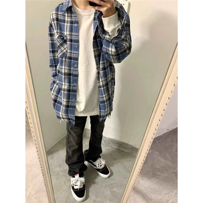 秋冬美式蓝色长袖格子衬衫男款宽松休闲慵懒感衬衣外套,男装衬衫,星座1210-1