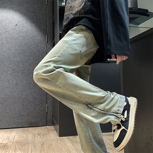 欧美vibe风裤子高街潮ins开叉牛仔裤男直筒拖地裤N08826-P45图片