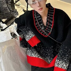 V12-P61冬装小众渐变重磅撞色V领毛衣男设计感高级廓形慵懒，男装针织衫/毛衣，电商B323A