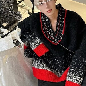 V12-P61 冬装小众渐变重磅撞色V领毛衣男设计感高级廓形慵懒图片