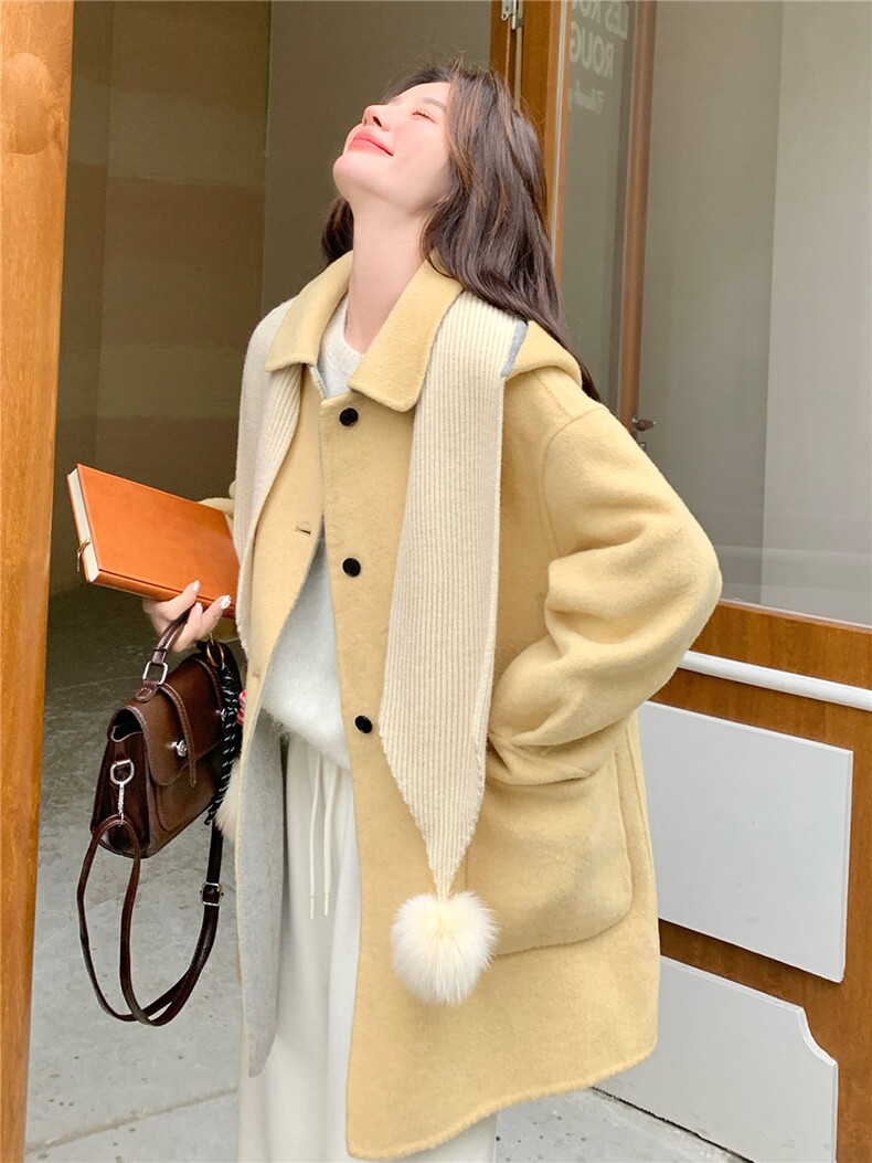 韩版减龄双面羊绒大衣女高级感中长款毛呢外套,女装毛呢外套,2C007