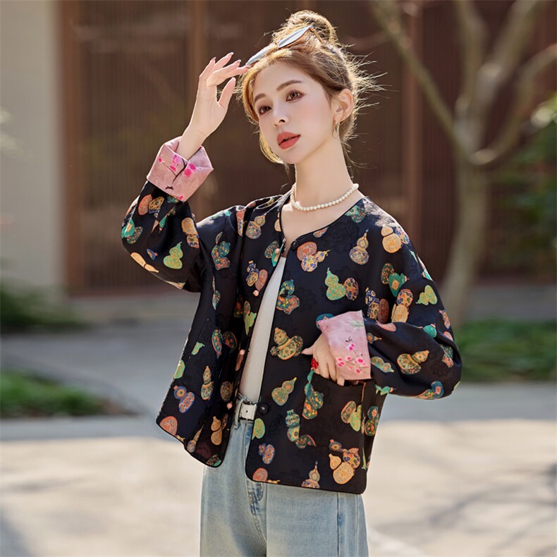 水衣源2713款双面穿奢贵新中式提花料圆领长袖时尚短款外套女,女装短外套,水衣源