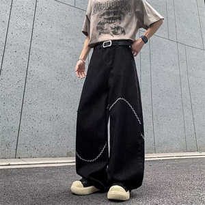 美式复古刺绣牛仔裤男女2025夏中性风设计感阔腿拖地裤RK2819-P59图片