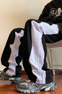 8XL-M 特大码美式高街ins小众vibe鸳鸯黑白拼接直筒牛仔裤K929P60图片