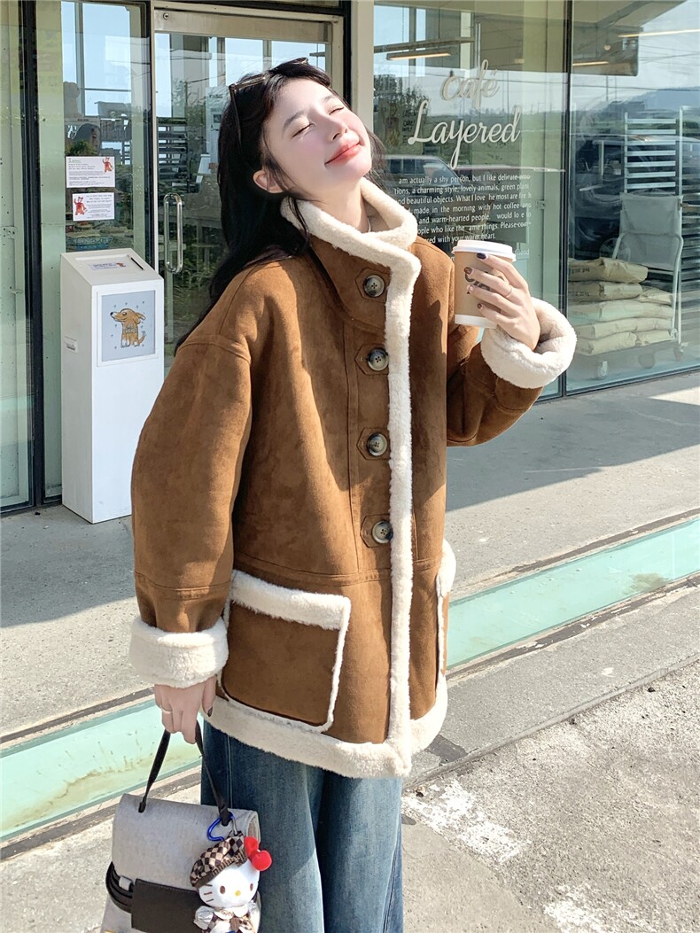 减龄两面穿咖色皮毛一体外套女冬季2025新款羊羔毛小个子加厚棉服,女装羊羔毛/颗粒绒,秀美人生