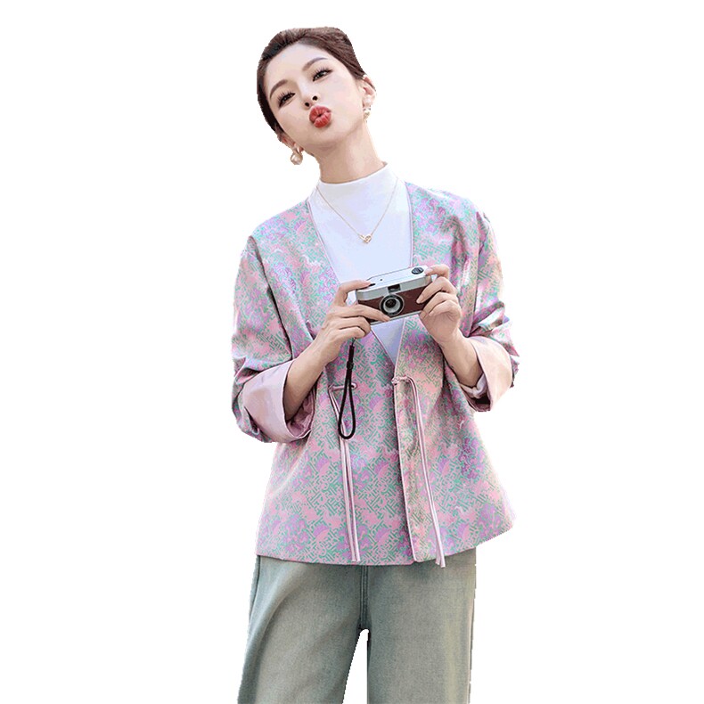 新中式V领提花杨幂同款短外套女2024秋季鎏金溢彩设计感小众上衣,女装短外套,曼琳思菲