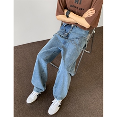 8XL-M特大码假两件牛仔裤男美式高街直通设计感背带裤子K975P68，男装牛仔裤，电商D206-1