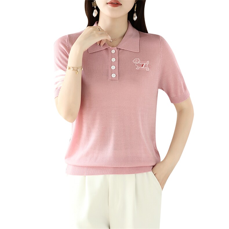 2025春夏新POLO领四粒扣袖口色道短袖女减龄休闲气质百搭亲肤T恤,女装T恤,德尔信羊绒