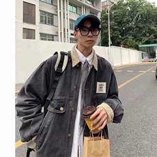 Y8027水洗做旧灯芯绒拼接牛仔外套男款复古宽松潮工装翻领夹克，男装夹克，星座308A-1（原309B-1）
