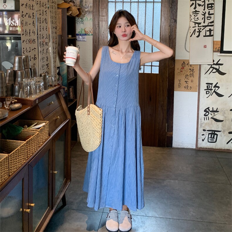 韩系复古蓝色背心裙女夏季2025新款简约休闲时尚单排扣无袖连衣裙,女装连衣裙,2C260