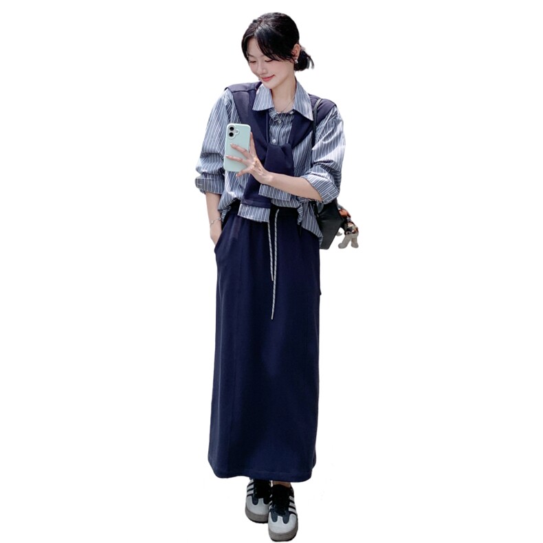 通勤可脱卸披肩条纹衬衫半身裙套装女秋季2025清新松弛感淡人套装,女装套装/套裙,2C227