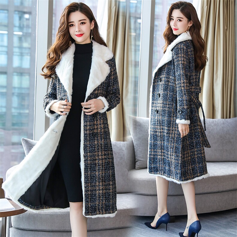 冬季新款时尚大衣格子加毛毛呢外套女皮毛一体外套大衣图片
