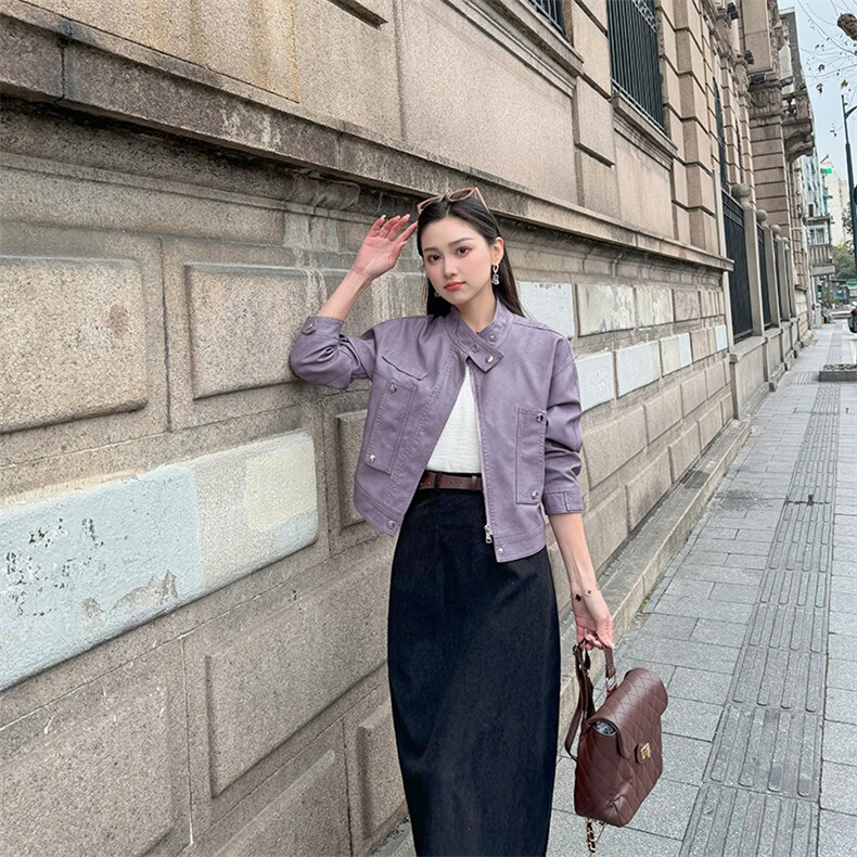 短款机车pu皮外套女2024秋季新款欧美时尚拉链口袋显瘦皮夹克女潮,女装皮衣,江南女神