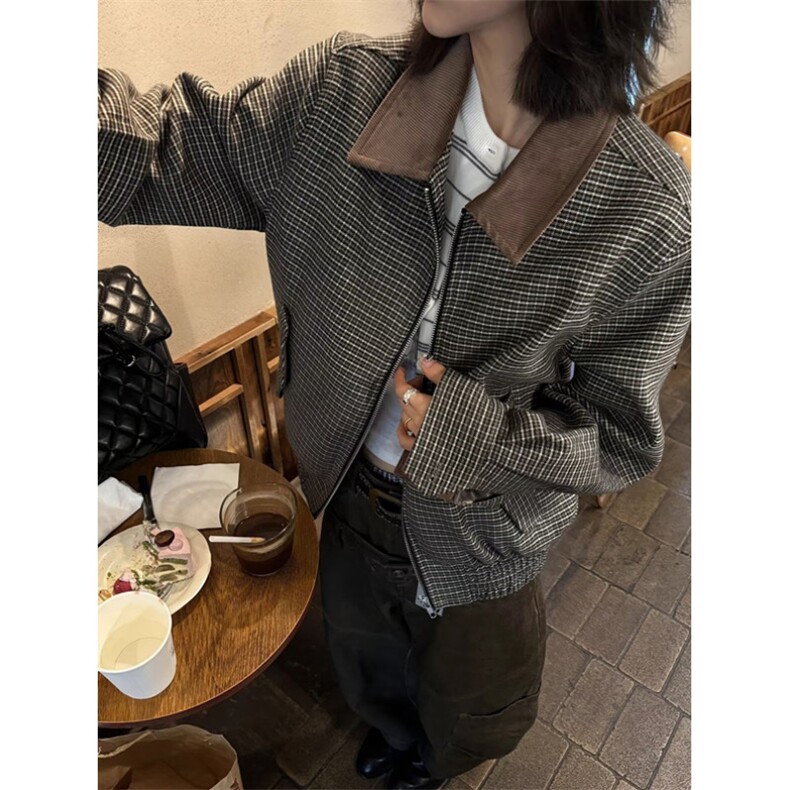 秋季新品简约系带下摆立体感千鸟格子休闲立领夹克气质 J704图片