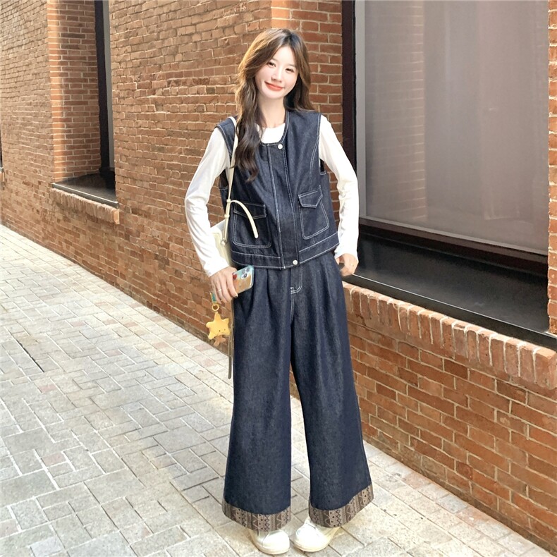 韩系休闲松弛感套装女2025秋季新款高级感仿牛仔马甲阔腿裤两件套,女装套装/套裙,2C113