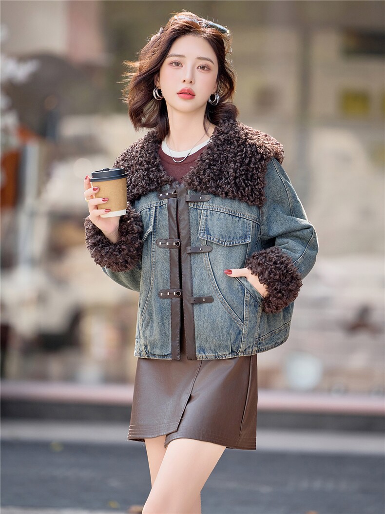 独特超好看羊羔毛拼接牛仔棉衣女2025冬新款夹棉加厚保暖棉服外套,女装短外套,印象茜