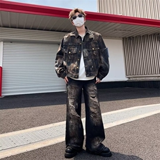 破洞微喇套装男宽松炸街vibe风重工垫肩夹克上衣两件套W6014-P115，男装休闲套装，星座412-2