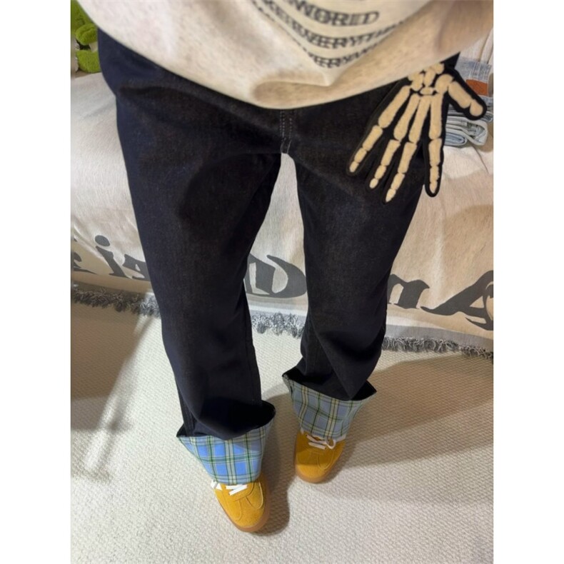 【有货】美式格子拼接卷边牛仔裤男女阔腿裤子NZ011LL-特P48,男装牛仔裤,星座1007（原301D）