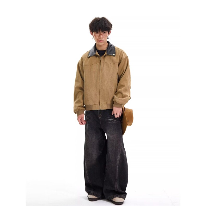 春秋韩版时髦cleanfit复古领拼接翻领短款夹克男士宽松工装风外套,男装夹克,星座1210-1