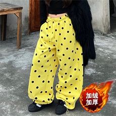 美式黄色波点刺绣加绒卫裤女冬季爵士阔腿裤运动休闲长裤子，男装休闲裤，星座506A
