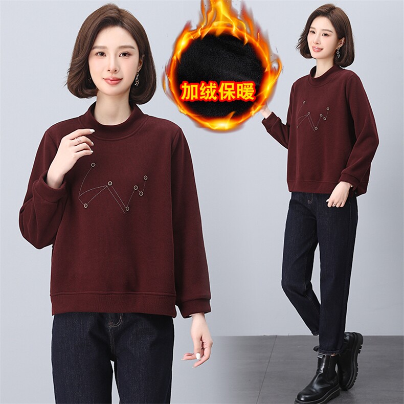 2024年秋冬新款时尚明线纽扣套头加绒卫衣休闲百搭半高圆领上衣，女装卫衣/绒衫，鑫鑫格