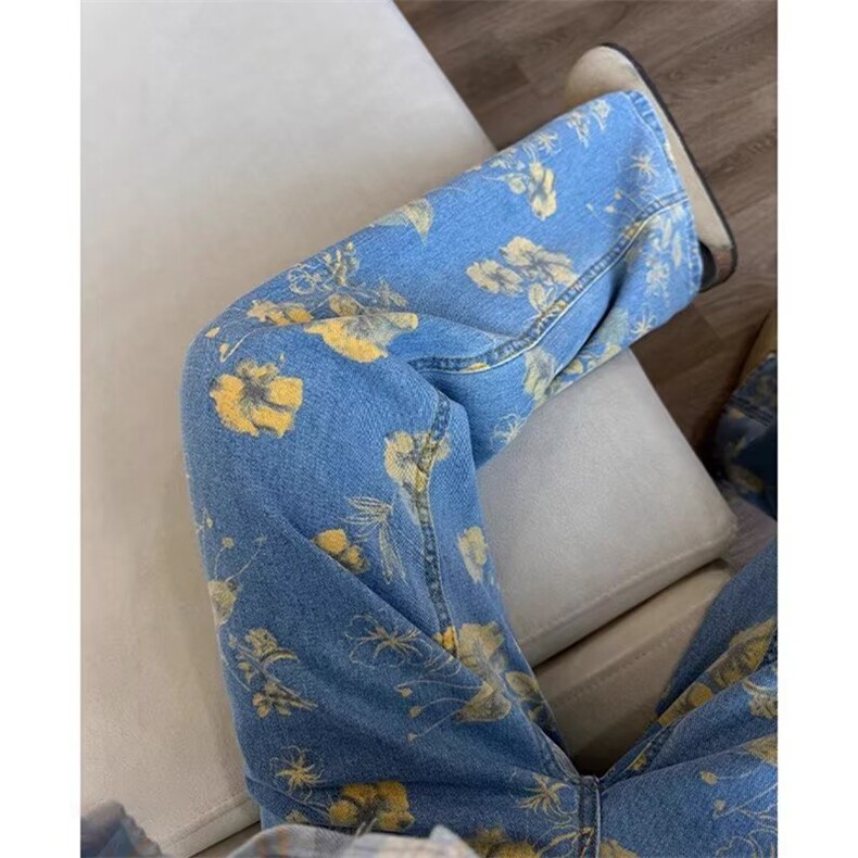 高腰阔腿牛仔裤新款花朵印花宽松显瘦直筒拖地裤513ACK2621P47,男装牛仔裤,星座513A