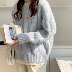 奶蓝色麦穗套头毛衣女2025秋季新款韩版宽松麻花温柔针织上衣加厚，女装针织衫/毛衣，萱芳婷羊绒