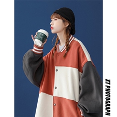 ！中性秋季设计感拼接撞色宽松休闲情侣棒球服-G430P75控98，女装职业装，A247A