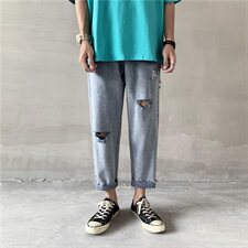 2021夏季主推9228纯色男士破洞牛仔裤韩版裤脚9分长裤子，男装牛仔裤，星座1008