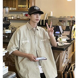 港风工装短袖衬衫男夏潮流ins复古机能风刺绣衬衣CS0318-P35图片