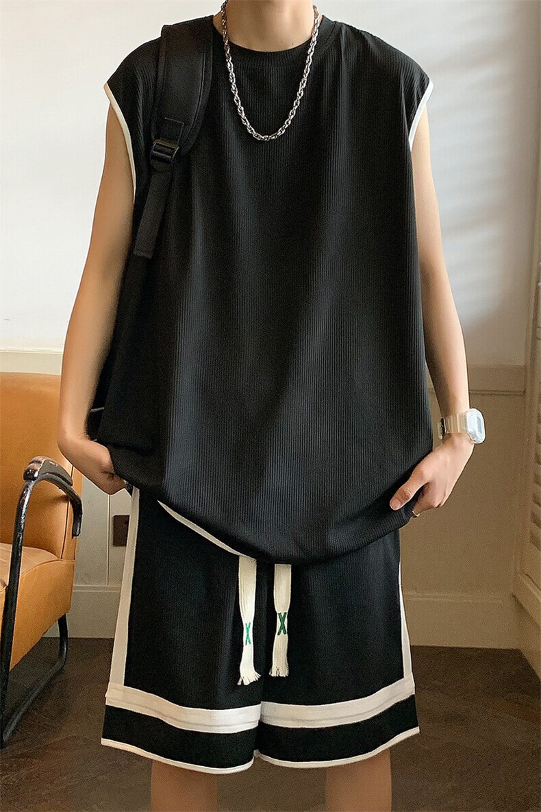 夏季新款大码港风情侣无袖背心五分裤休闲运动两件套套装S12P50,男装休闲套装,电商B226-2（原B217-2）