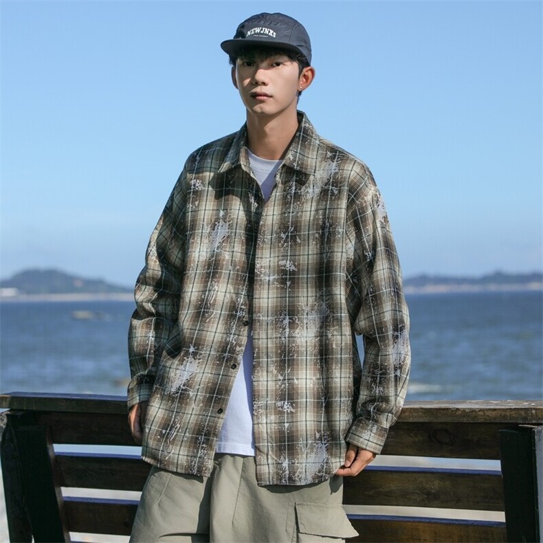 25年春季格子衬衫长袖大码宽松落肩现货DS-C323-1-2386-特批35，男装衬衫，电商C323-1