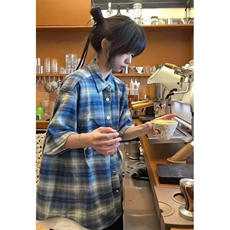 CS02ZZ-特P35法兰绒格子衬衫短袖男款夏季vintage金属纽扣衬衣，男装T恤，星座1007（原301D）