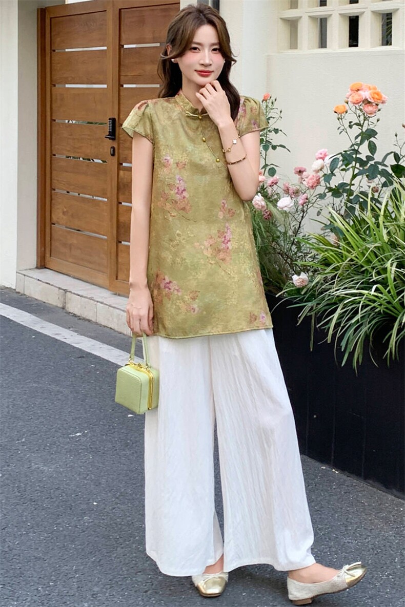 新中式g风套装女2026夏季流行复古印花盘扣旗袍上衣阔腿裤两件套,女装套装/套裙,超帛