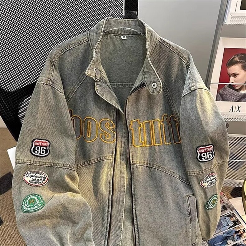 机车风牛仔外套男水洗做旧潮刺绣宽松复古高街夹克上衣HH8899P70,男装工装外套,星座1013-5