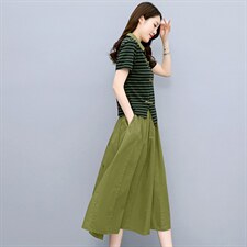 高端复古棉麻连衣裙女夏季2024新款休闲显瘦条纹亚麻套装裙两件套，女装套装/套裙，布芭啦