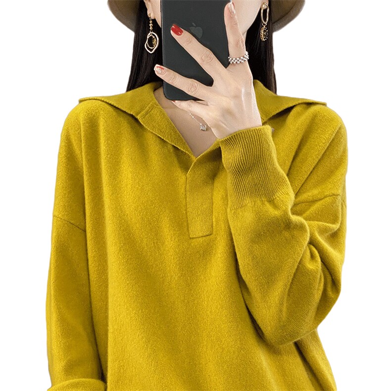 羊毛老钱风知识分子POLO领针织衫毛衣女宽松翻领加厚上衣,女装羊毛衫,盛鼎羊绒