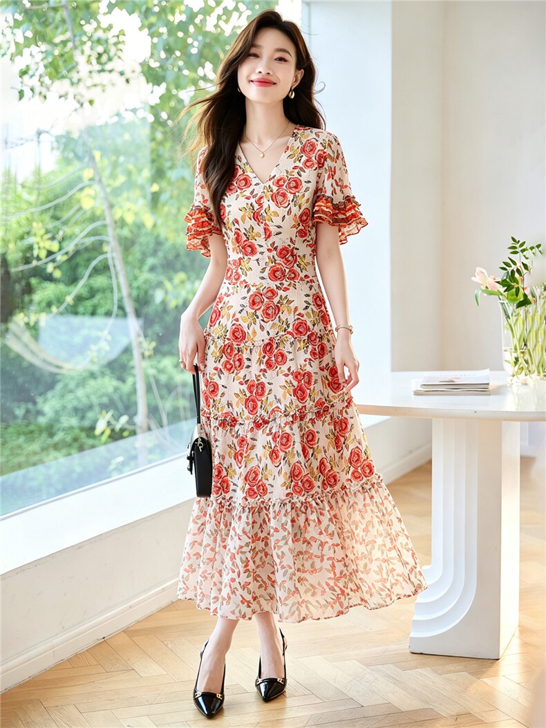 现货秒发2026夏装新款韩版碎花连衣裙大摆裙,女装连衣裙,妙形