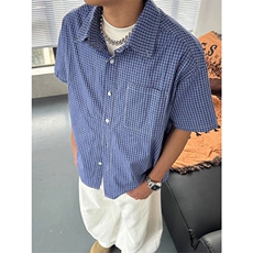 网图有货美式休闲格纹短袖衬衫男宽松百搭棉感格子衬衣A689-P35，男装衬衫，星座1505