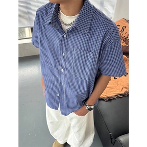 网图有货美式休闲格纹短袖衬衫男宽松百搭棉感格子衬衣A689-P35