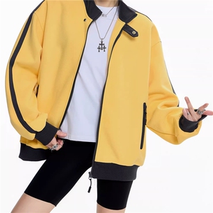 WY841-P65-450克美式慵懒chic新款复古撞色运动休闲立领卫衣外套图片