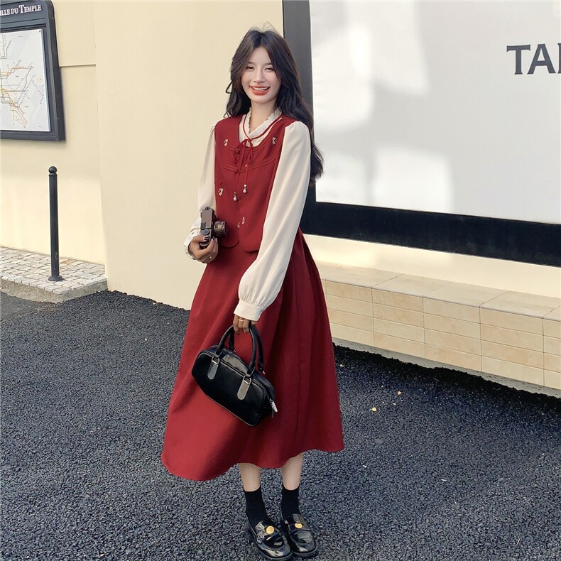 俏皮活泼假两件撞色拼接红色连衣裙女春秋2025新款显瘦巨好看裙子,女装连衣裙,2C098