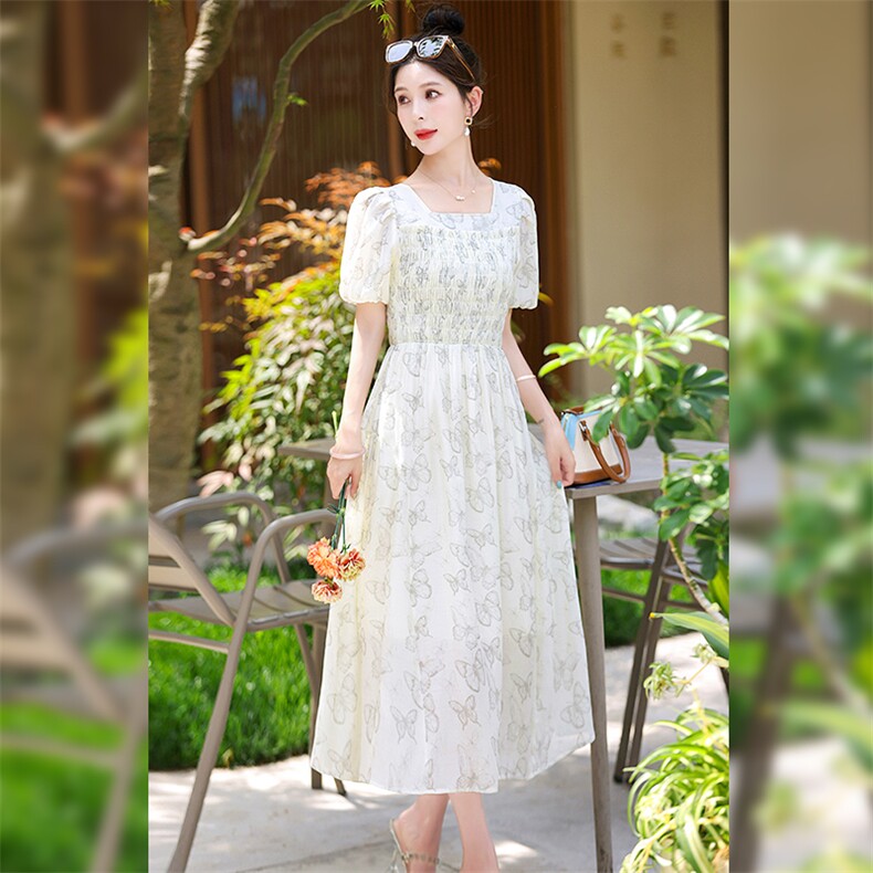 2025夏季新款方领短袖女高级感茶歇精致收腰显瘦长裙,女装连衣裙,超帛