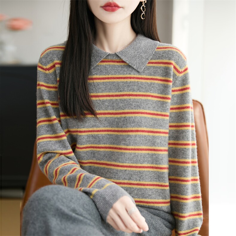 秋冬新款撞色毛衣女圆翻领条纹撞色长袖polo领羊毛针织打底衫上衣,女装羊毛衫,大美人包芯纱店