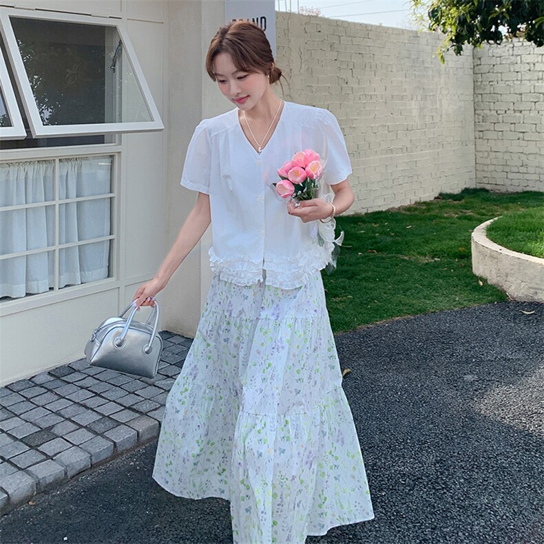 韩版温柔系甜美休闲衬衫套装女2025夏季新款显瘦碎花半身裙两件套,女装套装/套裙,浙宝305