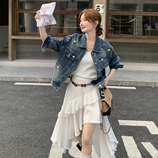 2025秋季新款韩版宽松水洗复古破洞中长款牛仔外套上衣女街拍显瘦，女装短外套，2C253