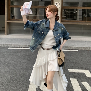 2025秋季新款韩版宽松水洗复古破洞中长款牛仔外套上衣女街拍显瘦图片